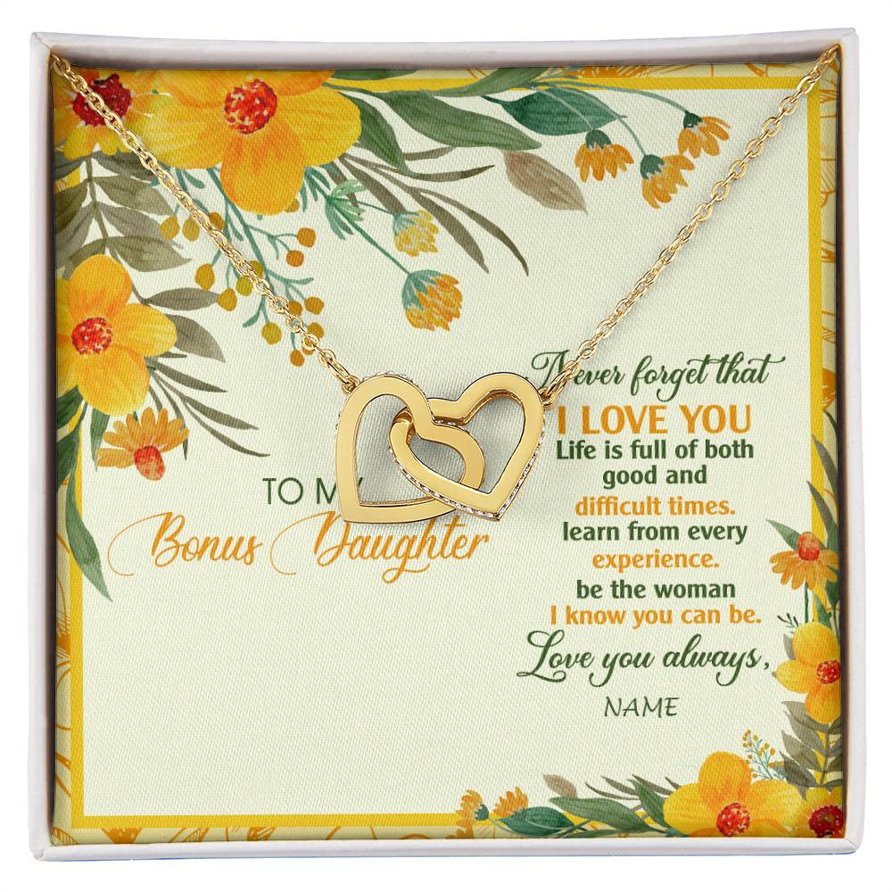 Interlocking Hearts Necklace 18K Yellow Gold Finish | Personalized To My Bonus Daughter Necklace From Stepmom Flower Never Forget That I Love You Stepdaughter Birthday Christmas Customized Gift Box Message Card | siriusteestore
