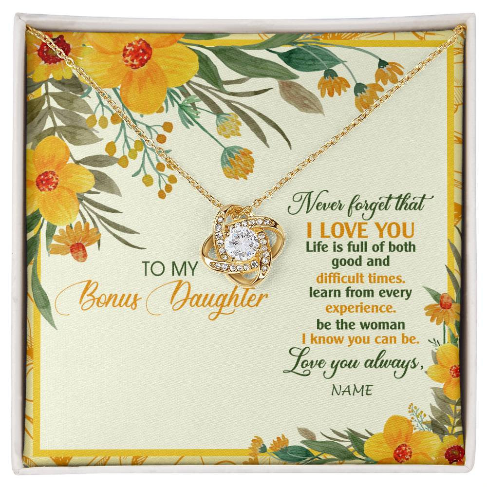 Love Knot Necklace 18K Yellow Gold Finish | Personalized To My Bonus Daughter Necklace From Stepmom Flower Never Forget That I Love You Stepdaughter Birthday Christmas Customized Gift Box Message Card | siriusteestore