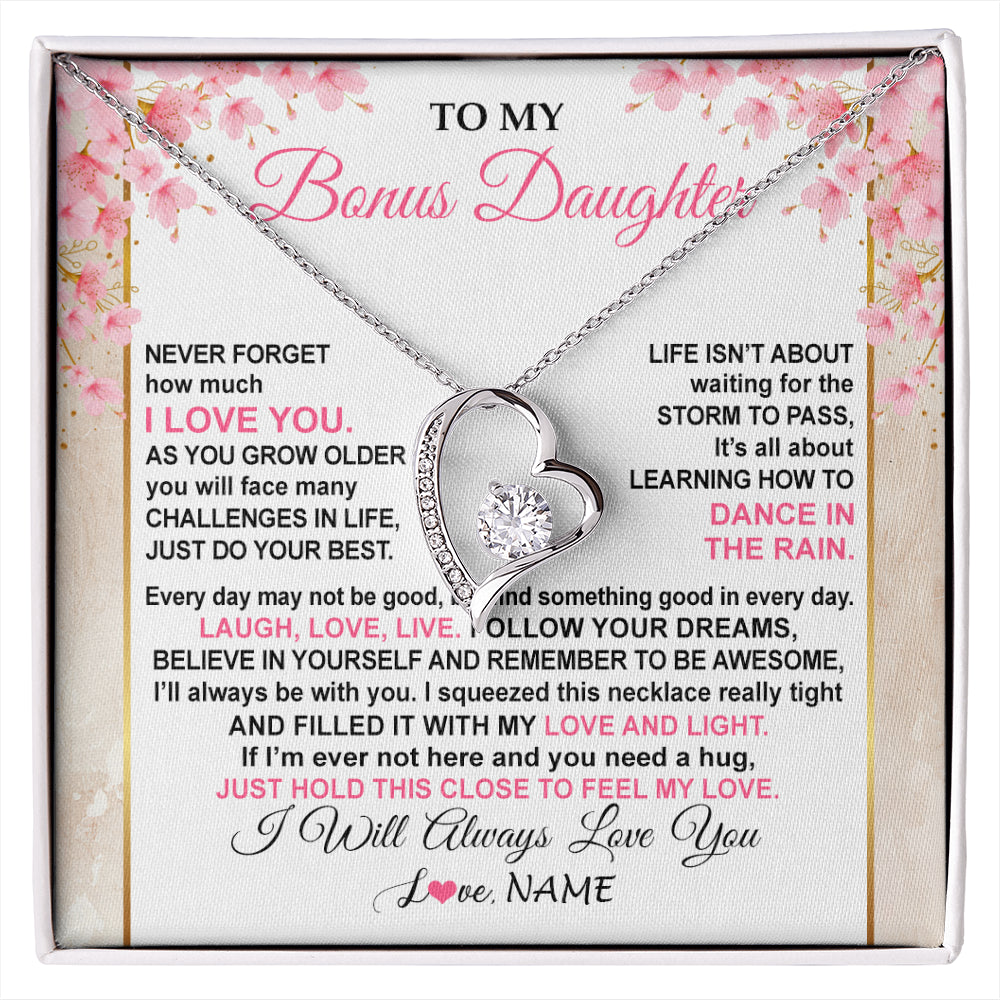 Forever Love Necklace 14K White Gold Finish | 1 | Personalized To My Bonus Daughter Necklace From Stepmom Inspirational I Love You Stepddaughter Birthday Graduation Christmas Customized Gift Box Message Card | siriusteestore
