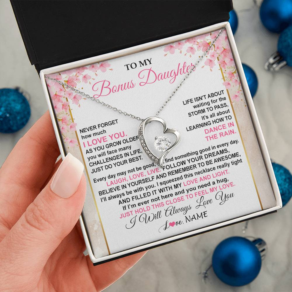 Forever Love Necklace 14K White Gold Finish | 2 | Personalized To My Bonus Daughter Necklace From Stepmom Inspirational I Love You Stepddaughter Birthday Graduation Christmas Customized Gift Box Message Card | siriusteestore