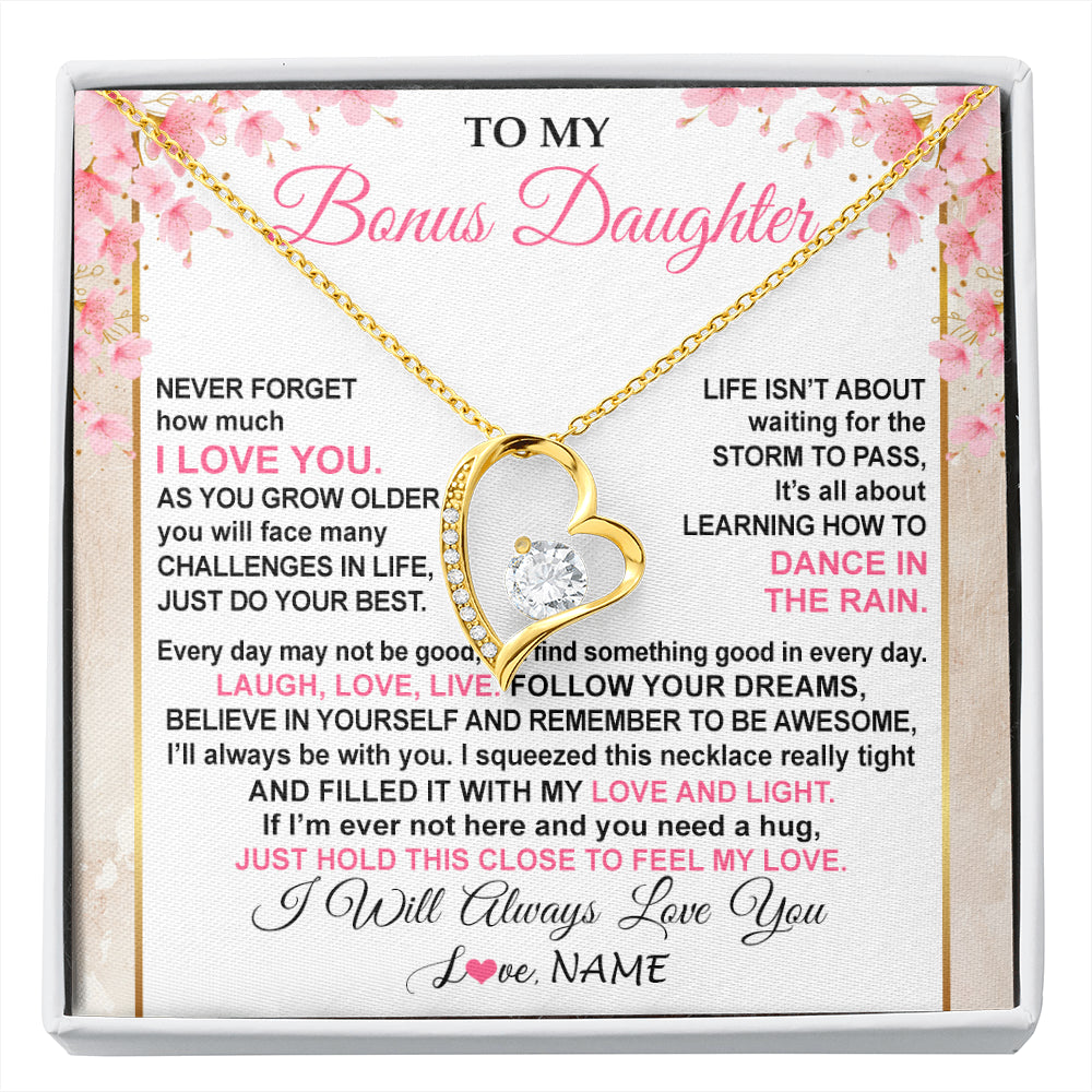 Forever Love Necklace 18K Yellow Gold Finish | 1 | Personalized To My Bonus Daughter Necklace From Stepmom Inspirational I Love You Stepddaughter Birthday Graduation Christmas Customized Gift Box Message Card | siriusteestore