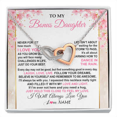 Interlocking Hearts Necklace Stainless Steel & Rose Gold Finish | 1 | Personalized To My Bonus Daughter Necklace From Stepmom Inspirational I Love You Stepddaughter Birthday Graduation Christmas Customized Gift Box Message Card | siriusteestore