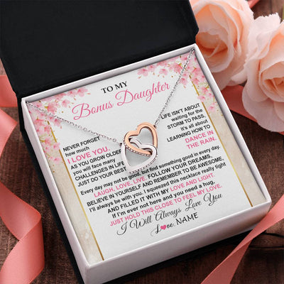 Interlocking Hearts Necklace Stainless Steel & Rose Gold Finish | 2 | Personalized To My Bonus Daughter Necklace From Stepmom Inspirational I Love You Stepddaughter Birthday Graduation Christmas Customized Gift Box Message Card | siriusteestore