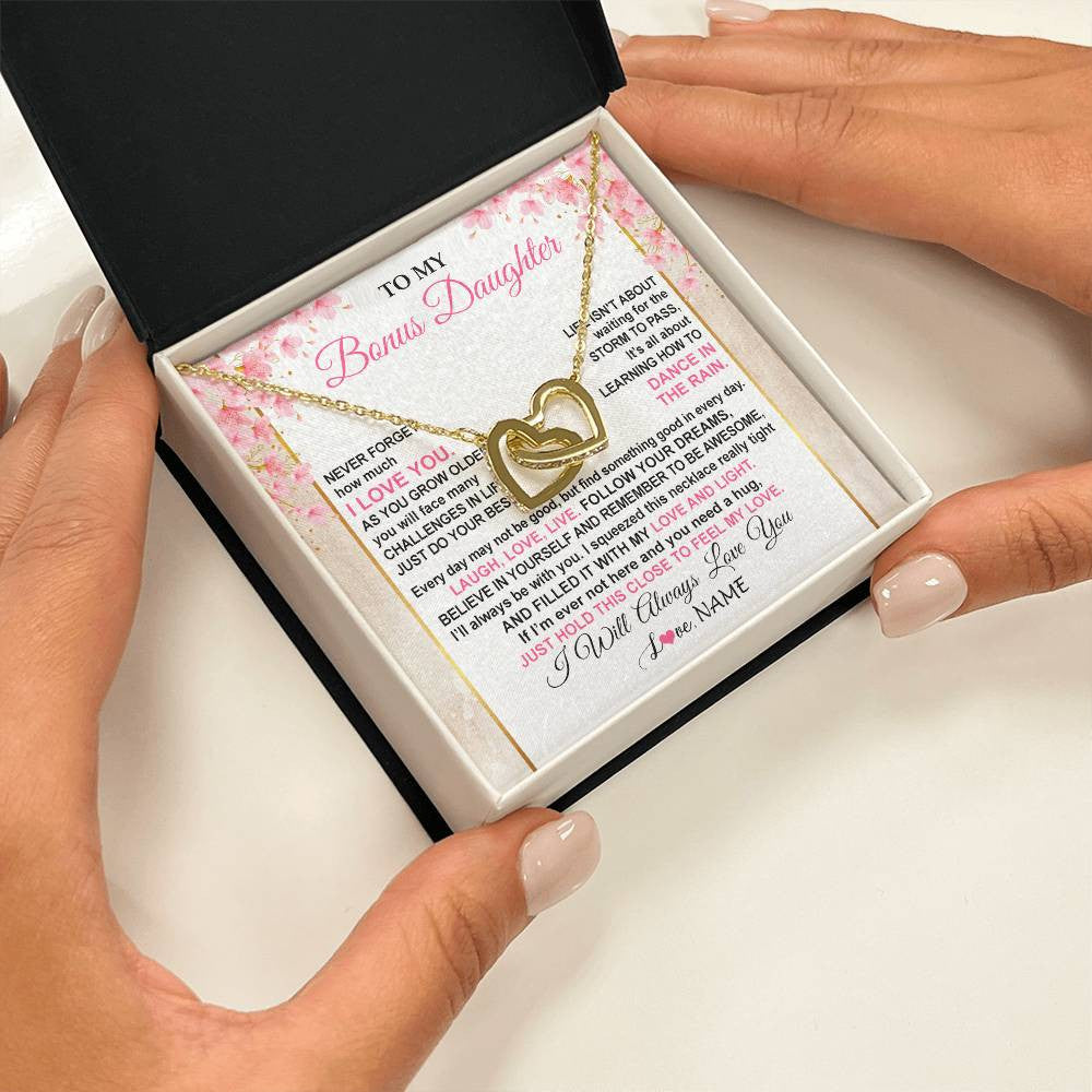 Interlocking Hearts Necklace 18K Yellow Gold Finish | 2 | Personalized To My Bonus Daughter Necklace From Stepmom Inspirational I Love You Stepddaughter Birthday Graduation Christmas Customized Gift Box Message Card | siriusteestore
