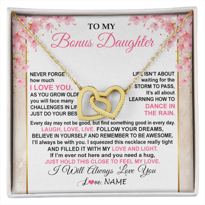 Interlocking Hearts Necklace 18K Yellow Gold Finish | 1 | Personalized To My Bonus Daughter Necklace From Stepmom Inspirational I Love You Stepddaughter Birthday Graduation Christmas Customized Gift Box Message Card | siriusteestore