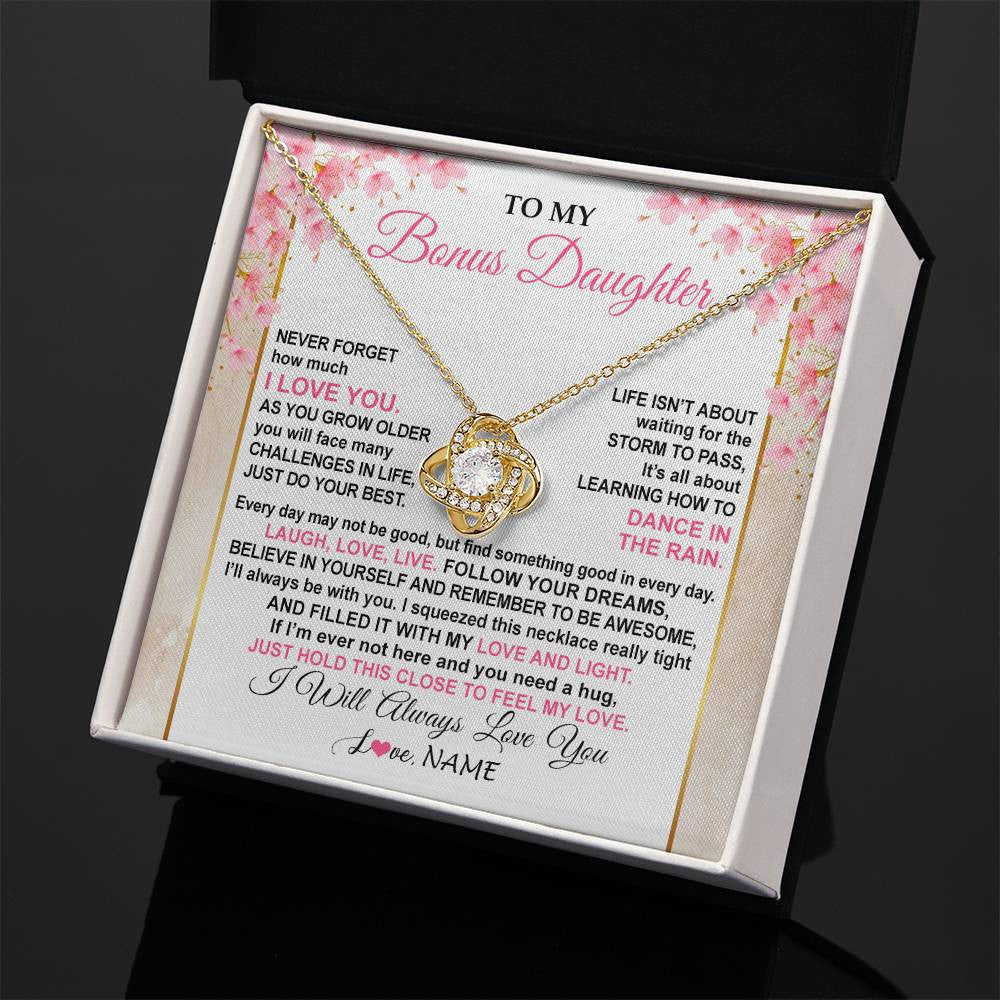 Love Knot Necklace 18K Yellow Gold Finish | 2 | Personalized To My Bonus Daughter Necklace From Stepmom Inspirational I Love You Stepddaughter Birthday Graduation Christmas Customized Gift Box Message Card | siriusteestore