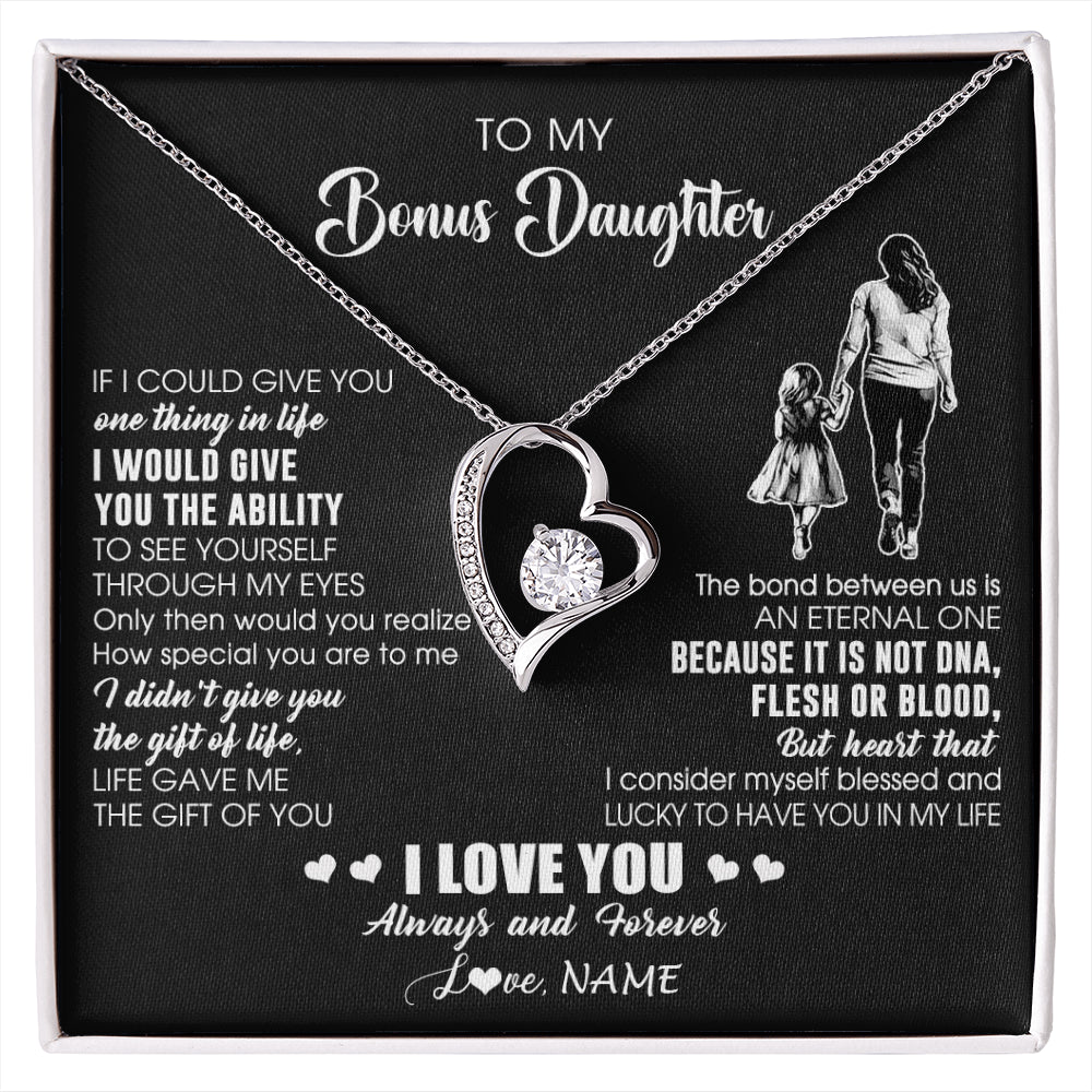 Forever Love Necklace 14K White Gold Finish | 1 | Personalized To My Bonus Daughter Necklace From Stepmom It Is Not DNA I Love You Birthday Gifts Meaningful Christmas Customized Gift Box Message Card | siriusteestore
