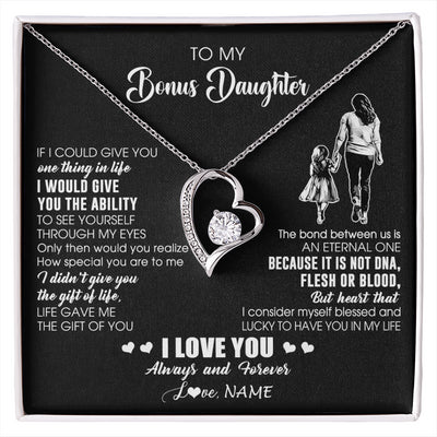 Forever Love Necklace 14K White Gold Finish | 1 | Personalized To My Bonus Daughter Necklace From Stepmom It Is Not DNA I Love You Birthday Gifts Meaningful Christmas Customized Gift Box Message Card | siriusteestore