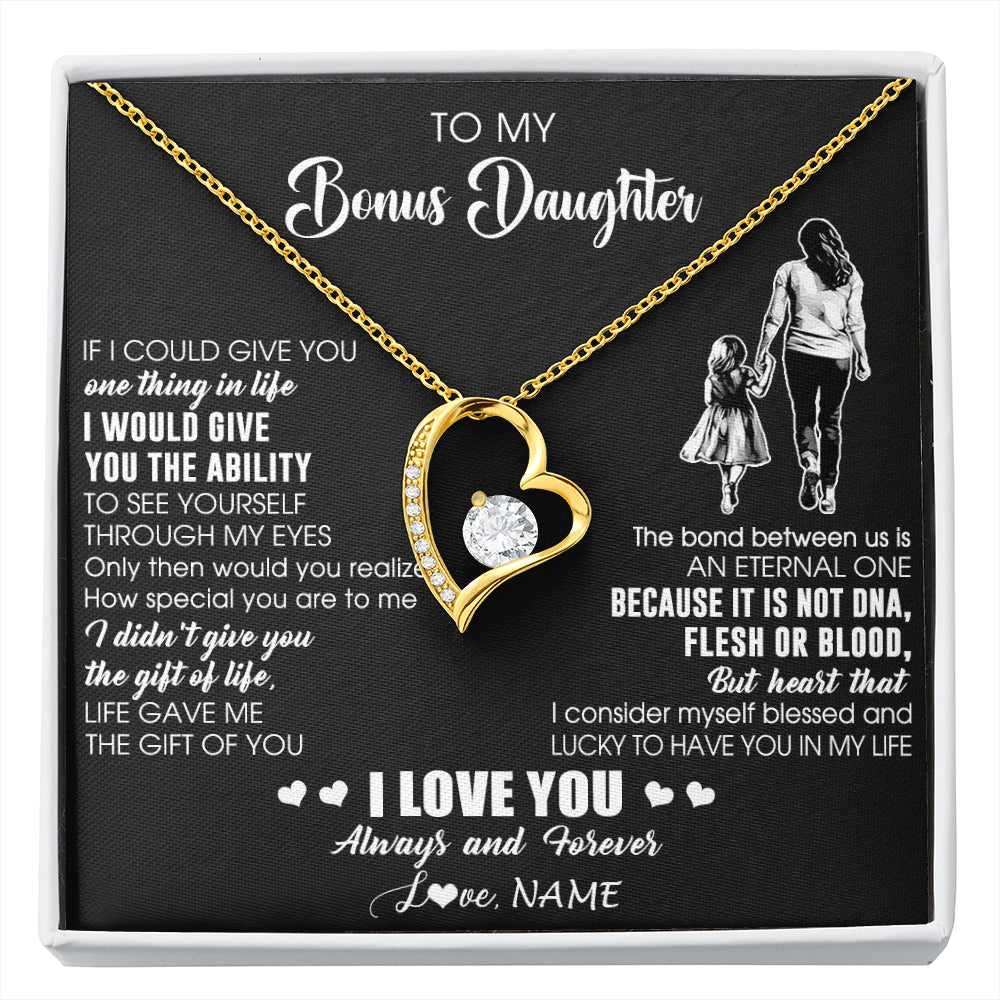 Forever Love Necklace 18K Yellow Gold Finish | 1 | Personalized To My Bonus Daughter Necklace From Stepmom It Is Not DNA I Love You Birthday Gifts Meaningful Christmas Customized Gift Box Message Card | siriusteestore