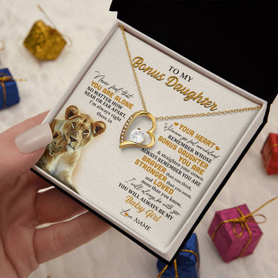 Forever Love Necklace 18K Yellow Gold Finish | 2 | Personalized To My Bonus Daughter Necklace From Stepmom Lion Never Feel You Are Alone Great Stepdaughter Birthday Christmas Customized Gift Box Message Card | siriusteestore
