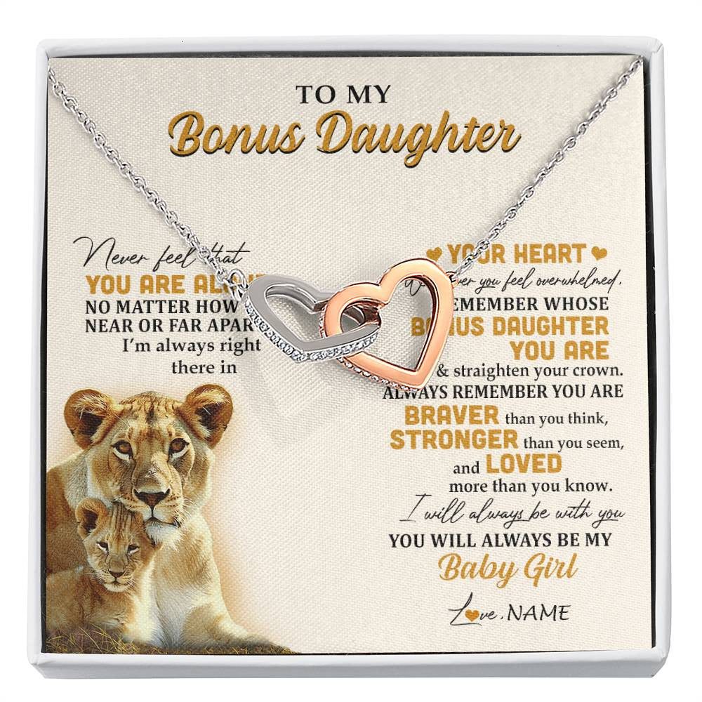 Interlocking Hearts Necklace Stainless Steel & Rose Gold Finish | 1 | Personalized To My Bonus Daughter Necklace From Stepmom Lion Never Feel You Are Alone Great Stepdaughter Birthday Christmas Customized Gift Box Message Card | siriusteestore
