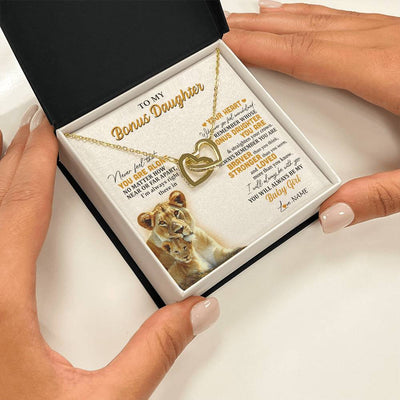 Interlocking Hearts Necklace 18K Yellow Gold Finish | 2 | Personalized To My Bonus Daughter Necklace From Stepmom Lion Never Feel You Are Alone Great Stepdaughter Birthday Christmas Customized Gift Box Message Card | siriusteestore