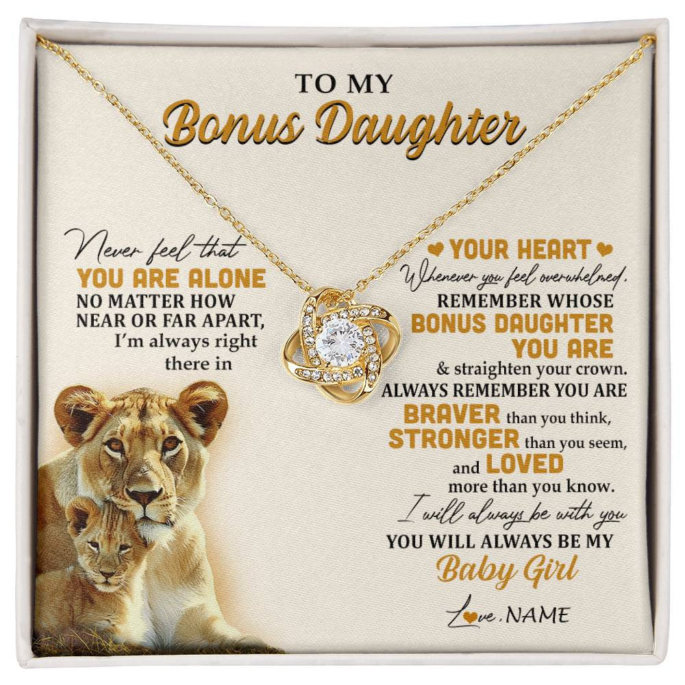 Love Knot Necklace 18K Yellow Gold Finish | 1 | Personalized To My Bonus Daughter Necklace From Stepmom Lion Never Feel You Are Alone Great Stepdaughter Birthday Christmas Customized Gift Box Message Card | siriusteestore