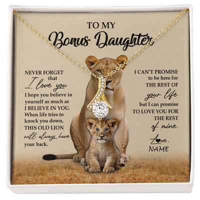 Alluring Beauty Necklace 18K Yellow Gold Finish | 1 | Personalized To My Bonus Daughter Necklace From Stepmom Lion Never Forget That I Love You Stepdaughter Jewelry Birthday Christmas Customized Message Card | siriusteestore
