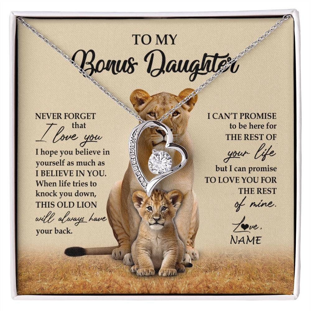 Forever Love Necklace 14K White Gold Finish | 1 | Personalized To My Bonus Daughter Necklace From Stepmom Lion Never Forget That I Love You Stepdaughter Jewelry Birthday Christmas Customized Message Card | siriusteestore