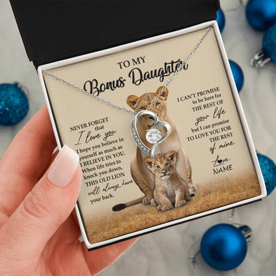 Forever Love Necklace 14K White Gold Finish | 2 | Personalized To My Bonus Daughter Necklace From Stepmom Lion Never Forget That I Love You Stepdaughter Jewelry Birthday Christmas Customized Message Card | siriusteestore