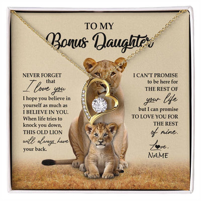 Forever Love Necklace 18K Yellow Gold Finish | 1 | Personalized To My Bonus Daughter Necklace From Stepmom Lion Never Forget That I Love You Stepdaughter Jewelry Birthday Christmas Customized Message Card | siriusteestore