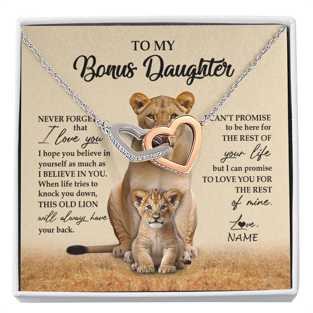 Interlocking Hearts Necklace Stainless Steel & Rose Gold Finish | 1 | Personalized To My Bonus Daughter Necklace From Stepmom Lion Never Forget That I Love You Stepdaughter Jewelry Birthday Christmas Customized Message Card | siriusteestore