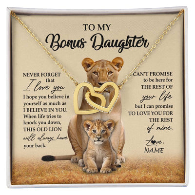 Interlocking Hearts Necklace 18K Yellow Gold Finish | 1 | Personalized To My Bonus Daughter Necklace From Stepmom Lion Never Forget That I Love You Stepdaughter Jewelry Birthday Christmas Customized Message Card | siriusteestore