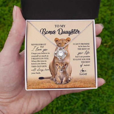 Love Knot Necklace 14K White Gold Finish | 2 | Personalized To My Bonus Daughter Necklace From Stepmom Lion Never Forget That I Love You Stepdaughter Jewelry Birthday Christmas Customized Message Card | siriusteestore