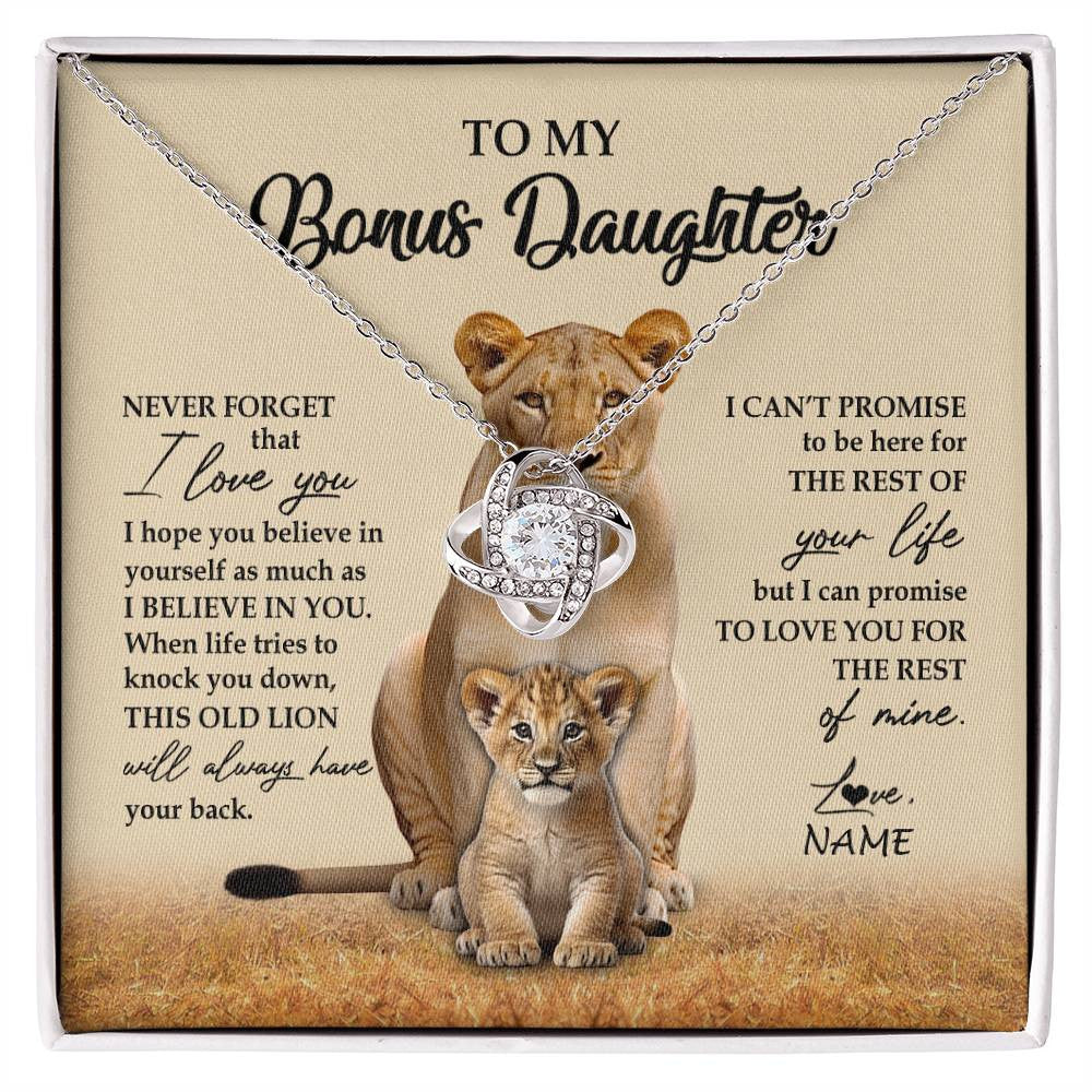 Love Knot Necklace 14K White Gold Finish | 1 | Personalized To My Bonus Daughter Necklace From Stepmom Lion Never Forget That I Love You Stepdaughter Jewelry Birthday Christmas Customized Message Card | siriusteestore