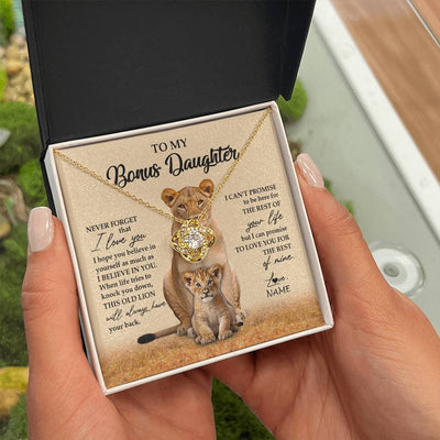 Love Knot Necklace 18K Yellow Gold Finish | 2 | Personalized To My Bonus Daughter Necklace From Stepmom Lion Never Forget That I Love You Stepdaughter Jewelry Birthday Christmas Customized Message Card | siriusteestore