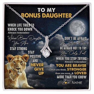 Alluring Beauty Necklace 14K White Gold Finish | 1 | Personalized To My Bonus Daughter Necklace From Stepmom Lion Never Give Up Stepdaughter Birthday Graduation Christmas Customized Gift Box Message Card | siriusteestore