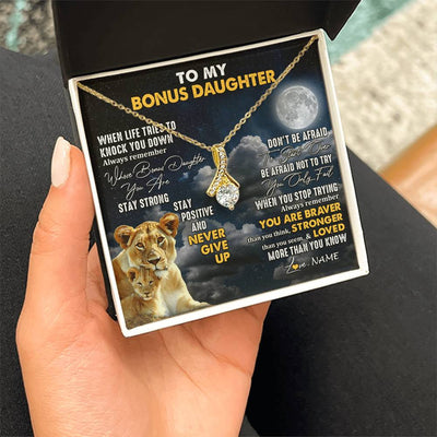 Alluring Beauty Necklace 18K Yellow Gold Finish | 2 | Personalized To My Bonus Daughter Necklace From Stepmom Lion Never Give Up Stepdaughter Birthday Graduation Christmas Customized Gift Box Message Card | siriusteestore