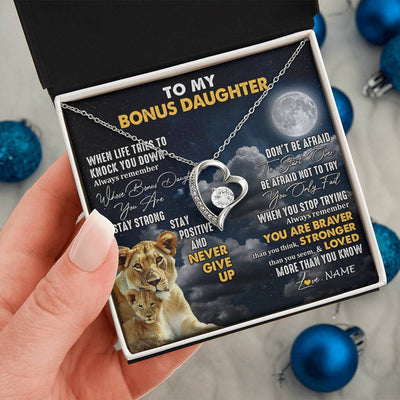 Forever Love Necklace 14K White Gold Finish | 2 | Personalized To My Bonus Daughter Necklace From Stepmom Lion Never Give Up Stepdaughter Birthday Graduation Christmas Customized Gift Box Message Card | siriusteestore