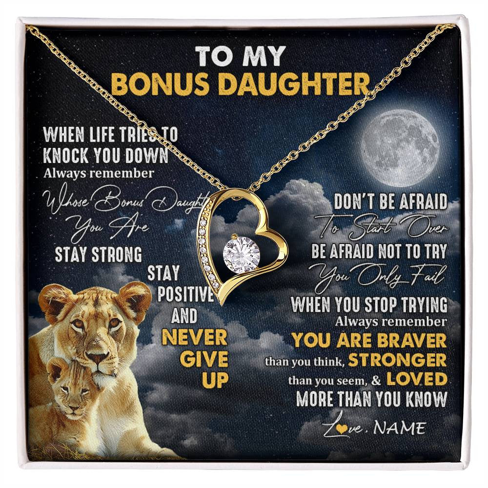 Forever Love Necklace 18K Yellow Gold Finish | 1 | Personalized To My Bonus Daughter Necklace From Stepmom Lion Never Give Up Stepdaughter Birthday Graduation Christmas Customized Gift Box Message Card | siriusteestore