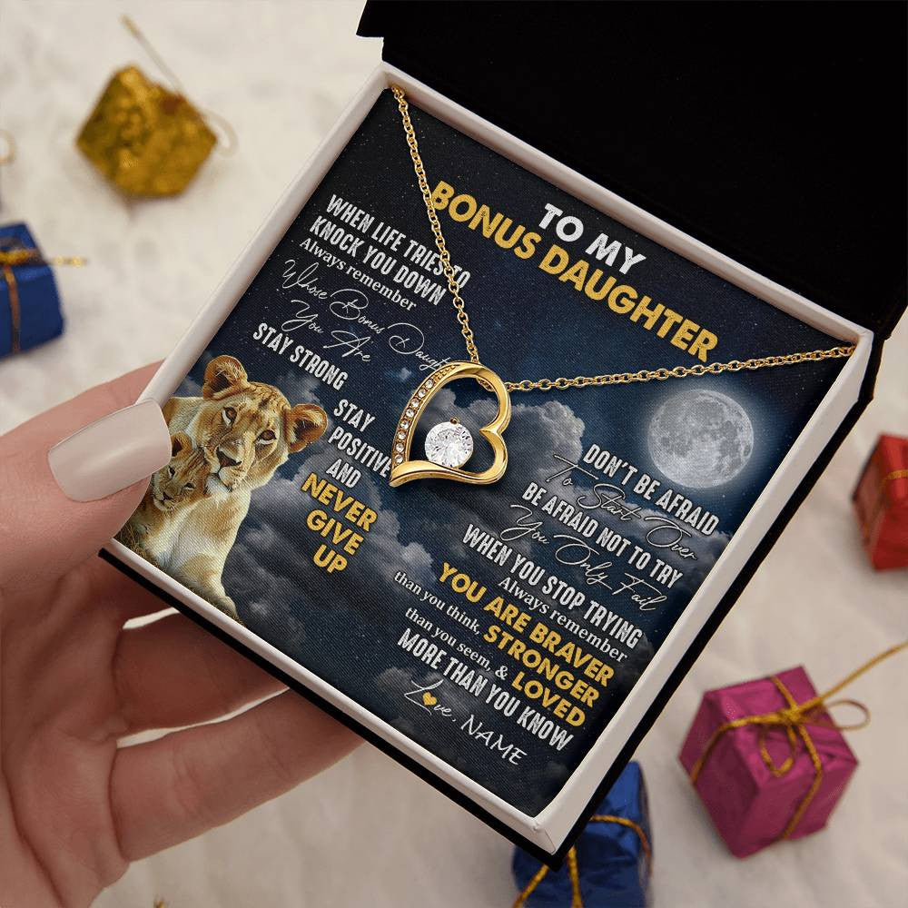 Forever Love Necklace 18K Yellow Gold Finish | 2 | Personalized To My Bonus Daughter Necklace From Stepmom Lion Never Give Up Stepdaughter Birthday Graduation Christmas Customized Gift Box Message Card | siriusteestore