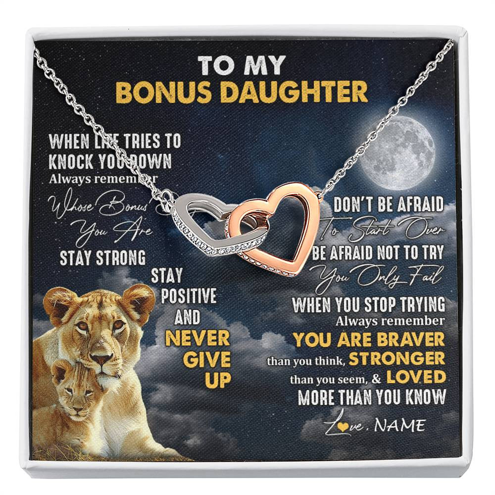 Interlocking Hearts Necklace Stainless Steel & Rose Gold Finish | 1 | Personalized To My Bonus Daughter Necklace From Stepmom Lion Never Give Up Stepdaughter Birthday Graduation Christmas Customized Gift Box Message Card | siriusteestore