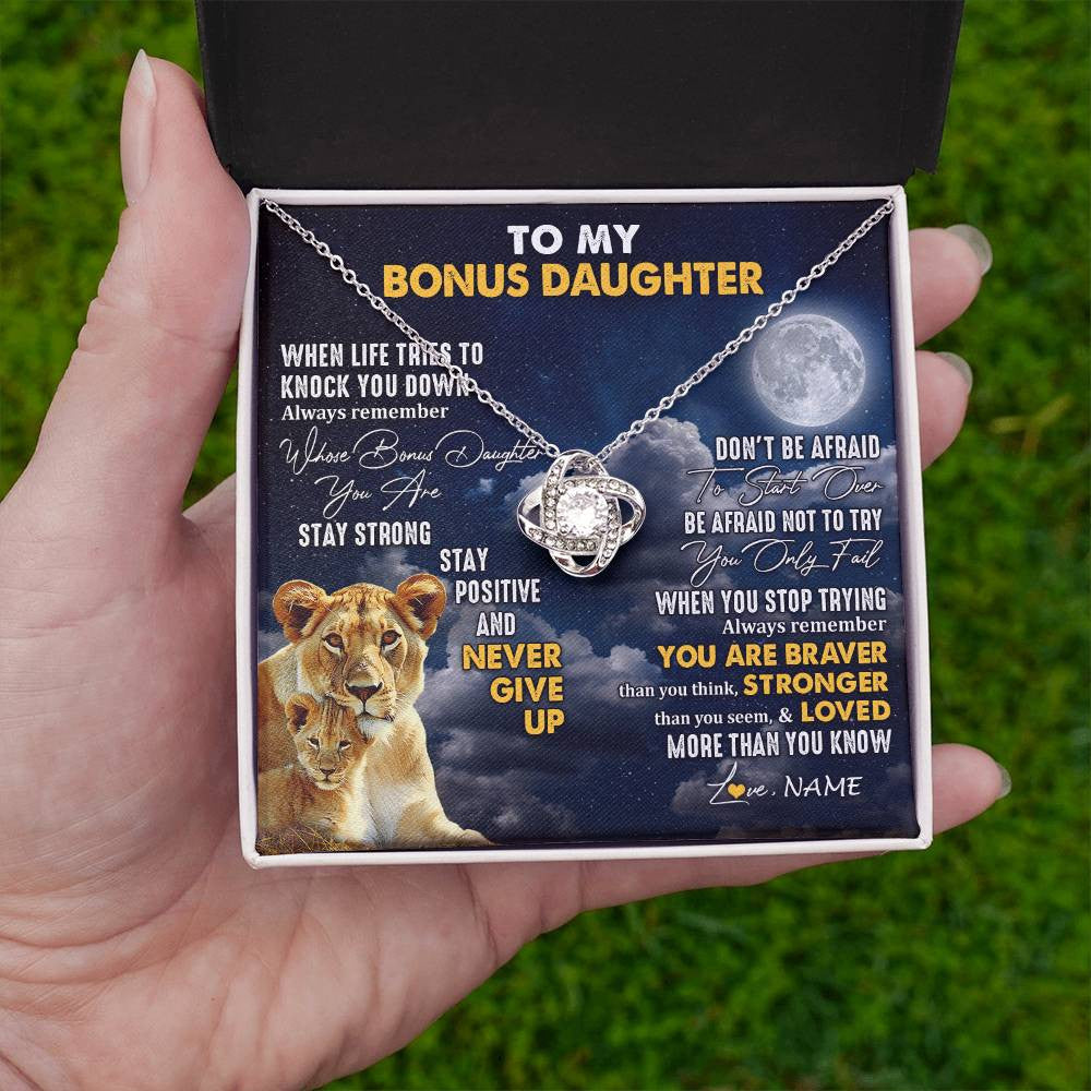 Love Knot Necklace 14K White Gold Finish | 2 | Personalized To My Bonus Daughter Necklace From Stepmom Lion Never Give Up Stepdaughter Birthday Graduation Christmas Customized Gift Box Message Card | siriusteestore