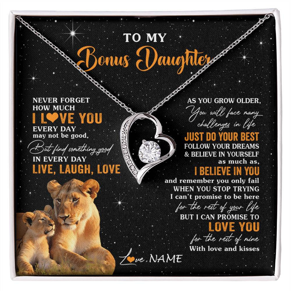 Forever Love Necklace 14K White Gold Finish | 1 | Personalized To My Bonus Daughter Necklace From Stepmom Live Laugh Love Lion Stepdaughter Birthday Gifts Positive Christmas Customized Gift Box Message Card | siriusteestore