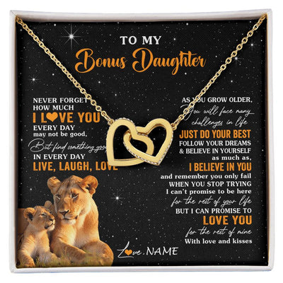 Interlocking Hearts Necklace 18K Yellow Gold Finish | 1 | Personalized To My Bonus Daughter Necklace From Stepmom Live Laugh Love Lion Stepdaughter Birthday Gifts Positive Christmas Customized Gift Box Message Card | siriusteestore