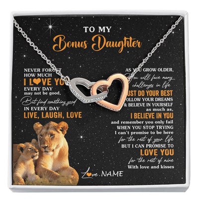 Interlocking Hearts Necklace Stainless Steel & Rose Gold Finish | 1 | Personalized To My Bonus Daughter Necklace From Stepmom Live Laugh Love Lion Stepdaughter Birthday Gifts Positive Christmas Customized Gift Box Message Card | siriusteestore