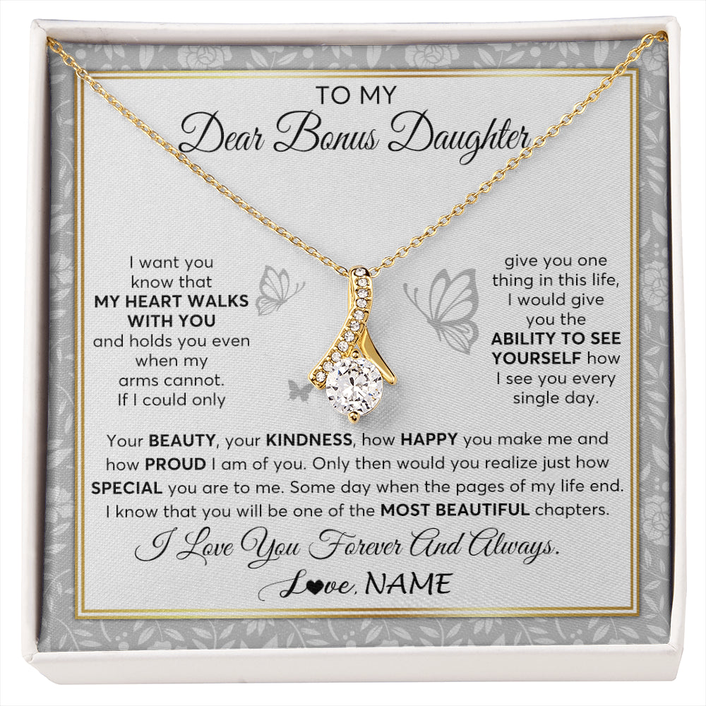 Alluring Beauty Necklace 18K Yellow Gold Finish | 1 | Personalized To My Bonus Daughter Necklace From Stepmom My Heart Walks With You Birthday Gifts Jewelry Graduation Christmas Customized Gift Box Message Card | siriusteestore