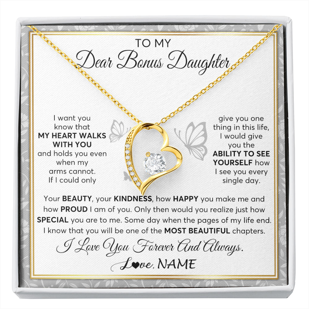 Forever Love Necklace 18K Yellow Gold Finish | 1 | Personalized To My Bonus Daughter Necklace From Stepmom My Heart Walks With You Birthday Gifts Jewelry Graduation Christmas Customized Gift Box Message Card | siriusteestore
