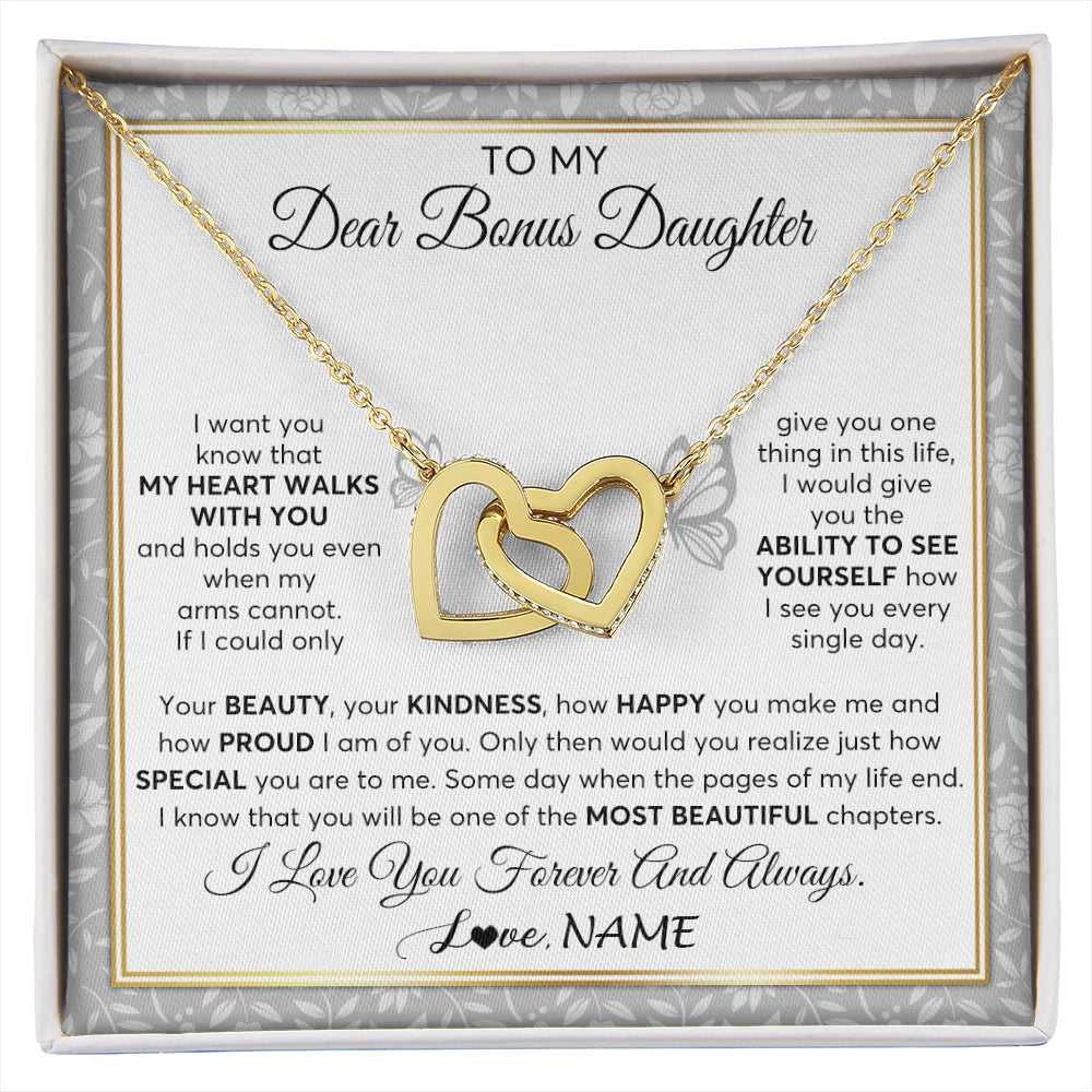 Interlocking Hearts Necklace 18K Yellow Gold Finish | 1 | Personalized To My Bonus Daughter Necklace From Stepmom My Heart Walks With You Birthday Gifts Jewelry Graduation Christmas Customized Gift Box Message Card | siriusteestore