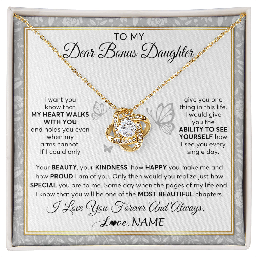 Love Knot Necklace 18K Yellow Gold Finish | 1 | Personalized To My Bonus Daughter Necklace From Stepmom My Heart Walks With You Birthday Gifts Jewelry Graduation Christmas Customized Gift Box Message Card | siriusteestore