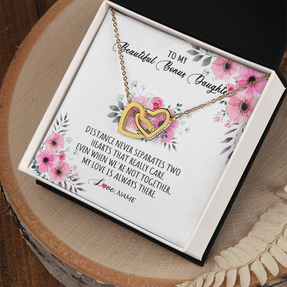 Interlocking Hearts Necklace 18K Yellow Gold Finish | Personalized To My Bonus Daughter Necklace From Stepmom My Love Is Always There Stepdaughter Birthday Graduation Christmas Customized Gift Box Message Card | siriusteestore