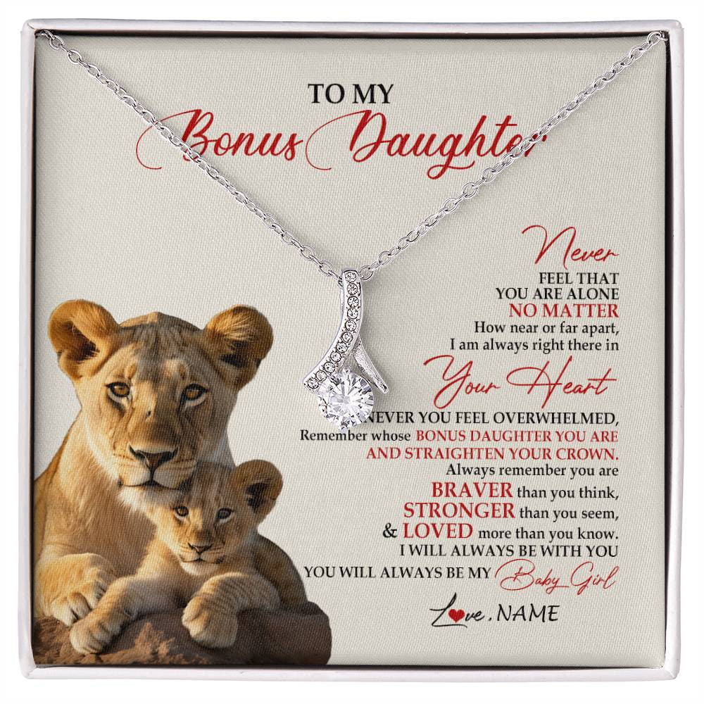 Alluring Beauty Necklace 14K White Gold Finish | 1 | Personalized To My Bonus Daughter Necklace From Stepmom Never Feel You Are Alone Lion Stepdaughter Birthday Christmas Customized Gift Box Message Card | siriusteestore