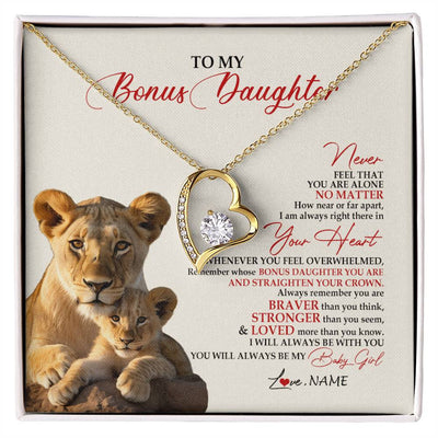 Forever Love Necklace 18K Yellow Gold Finish | 1 | Personalized To My Bonus Daughter Necklace From Stepmom Never Feel You Are Alone Lion Stepdaughter Birthday Christmas Customized Gift Box Message Card | siriusteestore