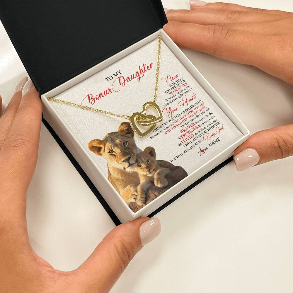Interlocking Hearts Necklace 18K Yellow Gold Finish | 2 | Personalized To My Bonus Daughter Necklace From Stepmom Never Feel You Are Alone Lion Stepdaughter Birthday Christmas Customized Gift Box Message Card | siriusteestore