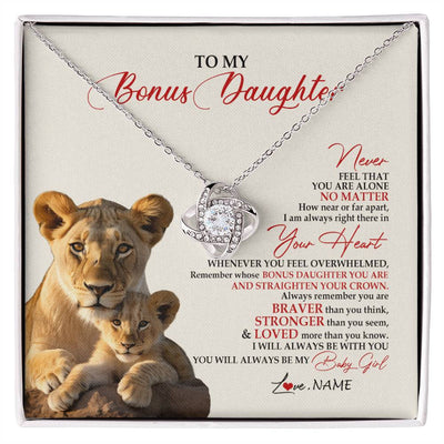 Love Knot Necklace 14K White Gold Finish | 1 | Personalized To My Bonus Daughter Necklace From Stepmom Never Feel You Are Alone Lion Stepdaughter Birthday Christmas Customized Gift Box Message Card | siriusteestore