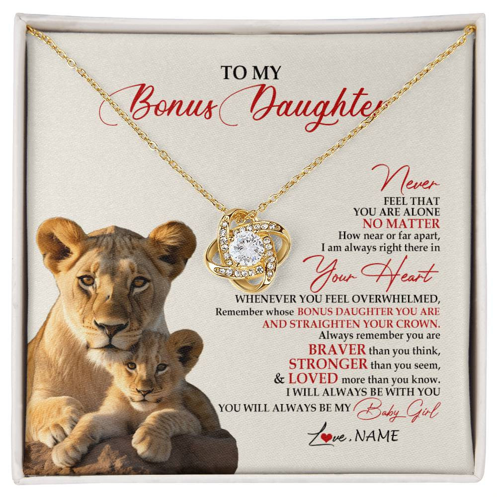 Love Knot Necklace 18K Yellow Gold Finish | 1 | Personalized To My Bonus Daughter Necklace From Stepmom Never Feel You Are Alone Lion Stepdaughter Birthday Christmas Customized Gift Box Message Card | siriusteestore