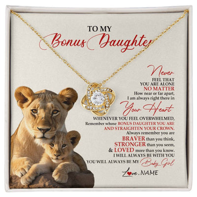 Love Knot Necklace 18K Yellow Gold Finish | 1 | Personalized To My Bonus Daughter Necklace From Stepmom Never Feel You Are Alone Lion Stepdaughter Birthday Christmas Customized Gift Box Message Card | siriusteestore