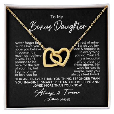 Interlocking Hearts Necklace 18K Yellow Gold Finish | Personalized To My Bonus Daughter Necklace From Stepmom Never Forget How Much I Love You Stepdaughter Birthday Christmas Customized Gift Box Message Card | siriusteestore