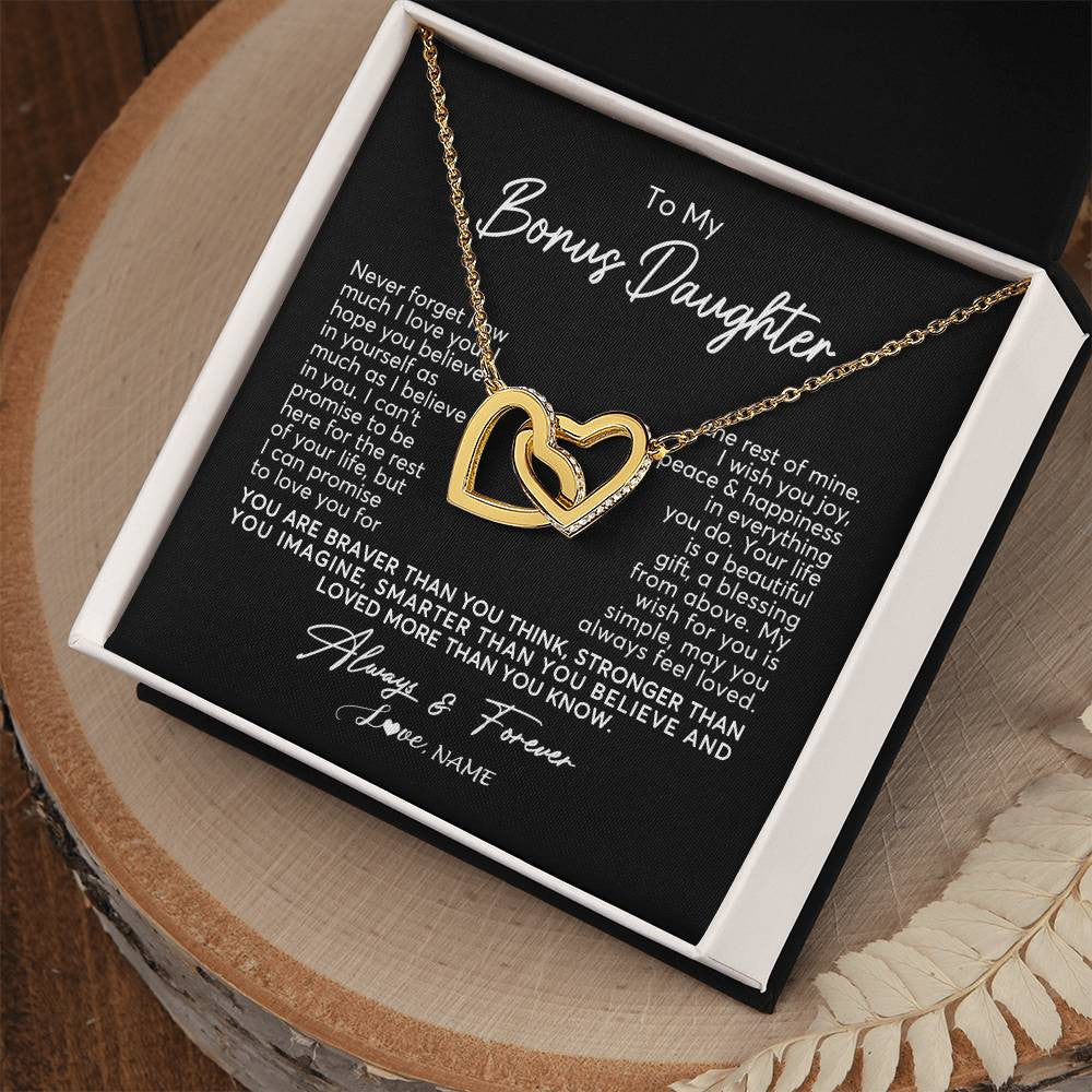 Interlocking Hearts Necklace 18K Yellow Gold Finish | Personalized To My Bonus Daughter Necklace From Stepmom Never Forget How Much I Love You Stepdaughter Birthday Christmas Customized Gift Box Message Card | siriusteestore