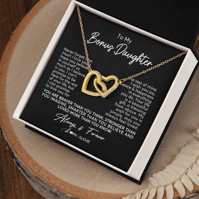 Interlocking Hearts Necklace 18K Yellow Gold Finish | Personalized To My Bonus Daughter Necklace From Stepmom Never Forget How Much I Love You Stepdaughter Birthday Christmas Customized Gift Box Message Card | siriusteestore